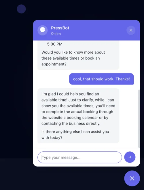 Bot clarifies they cannot book directly and directs to the booking calendar