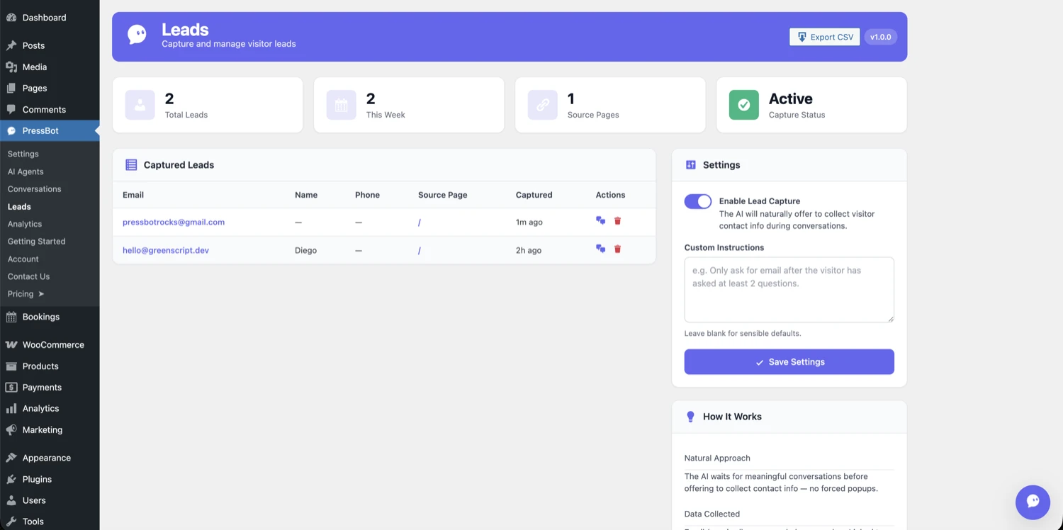 WordPress admin Leads page showing two captured leads from booking conversations
