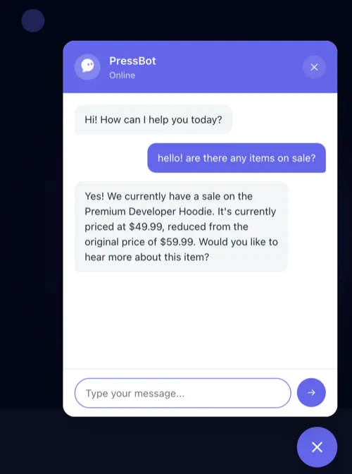 Visitor asks the chatbot about items on sale