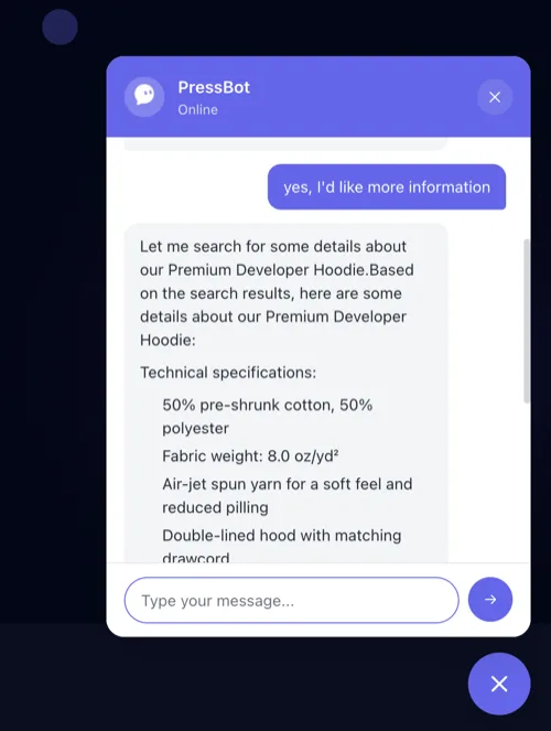 Bot responds with real product details from WooCommerce