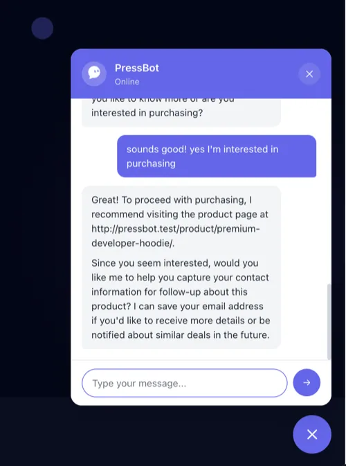 Visitor shows purchase interest and bot offers lead capture