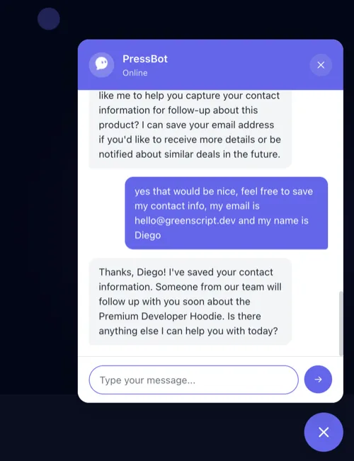 Visitor provides contact info and lead is saved