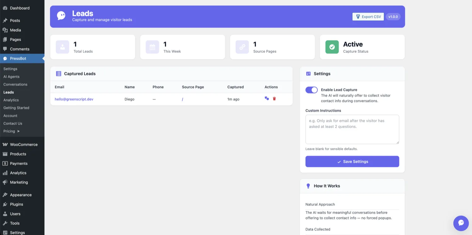 WordPress admin Leads page showing the captured lead with name, email, source page, and export options