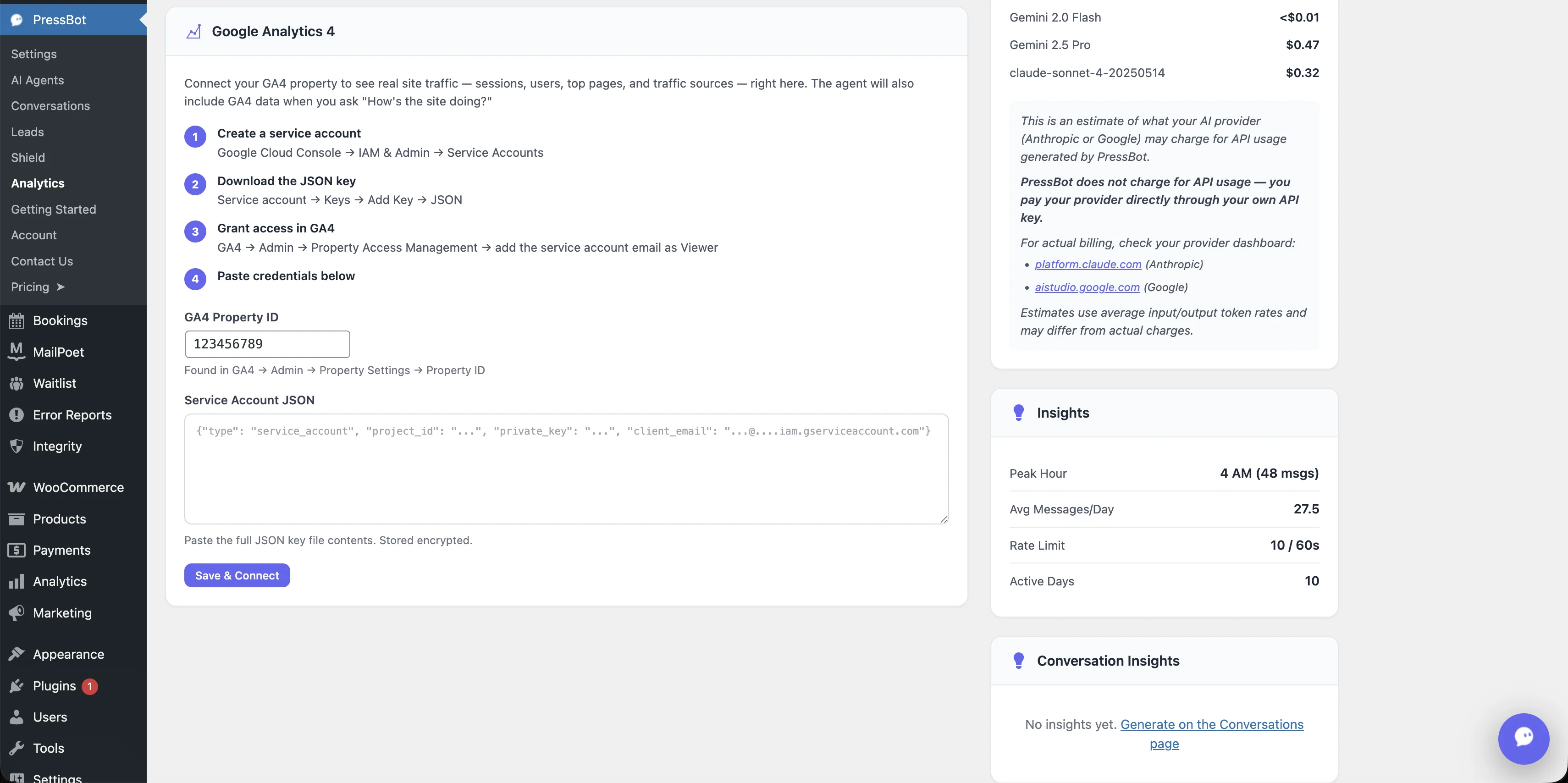 PressBot Analytics — Google Analytics 4 setup, cost estimates by model, and conversation insights panel