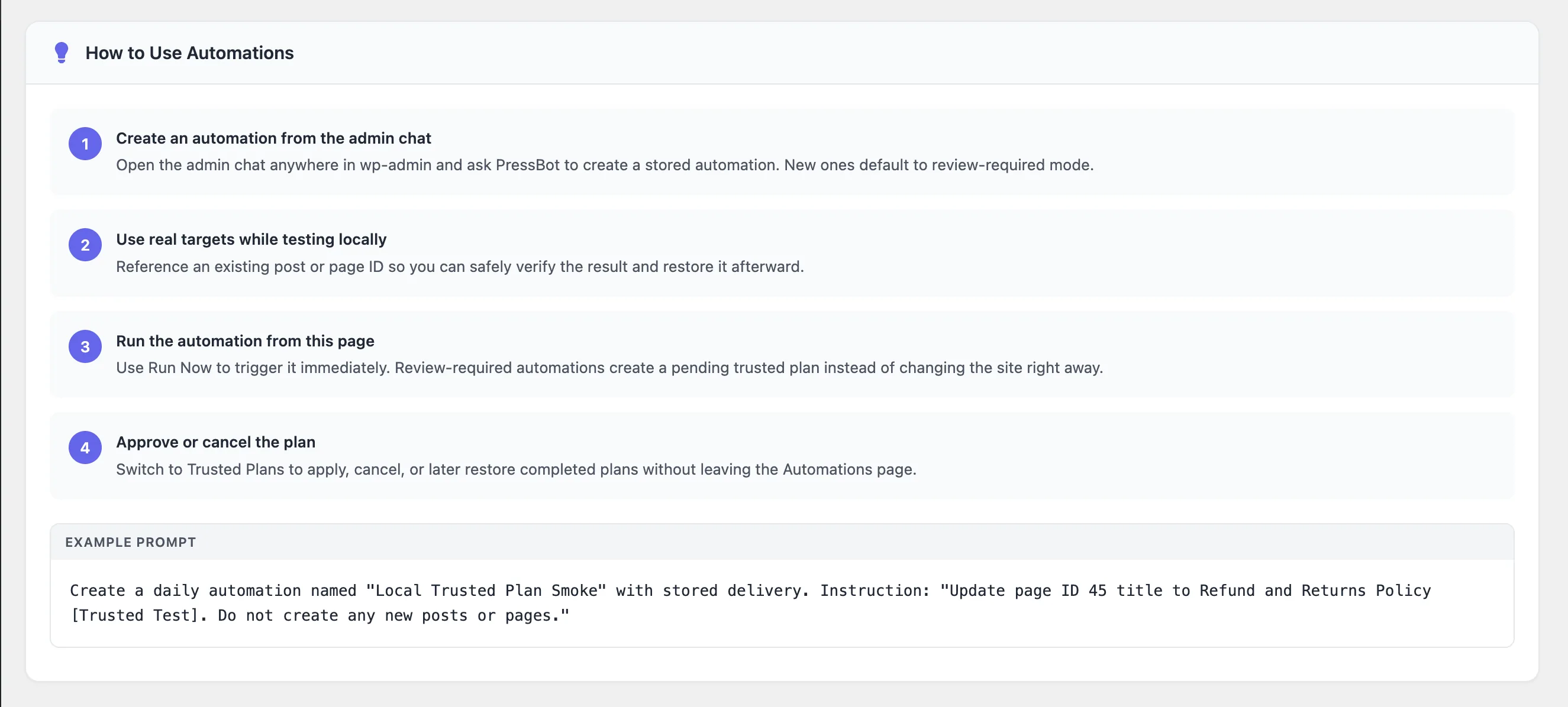 How to Use Automations helper card with four numbered steps and an example prompt showing a daily stored-delivery automation that updates a page title