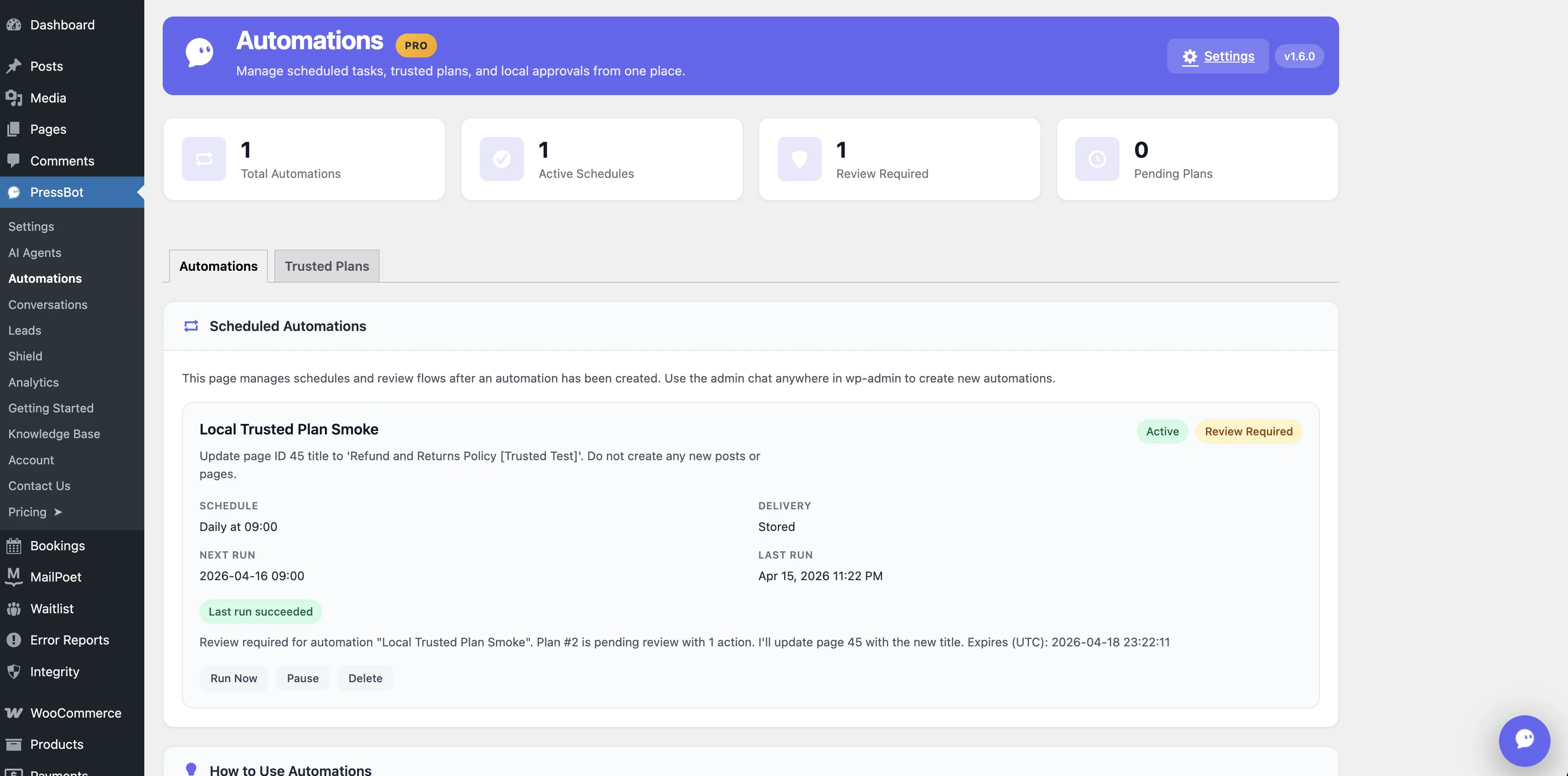 PressBot Automations dashboard with Total Automations, Active Schedules, Review Required, and Pending Plans stat cards, plus a Scheduled Automations list showing a Local Trusted Plan Smoke entry with Active and Review Required badges