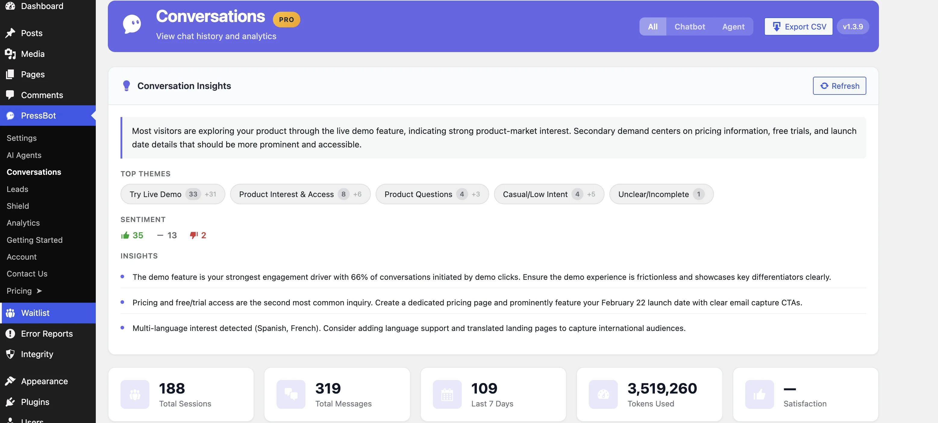 PressBot Conversations page with AI insights