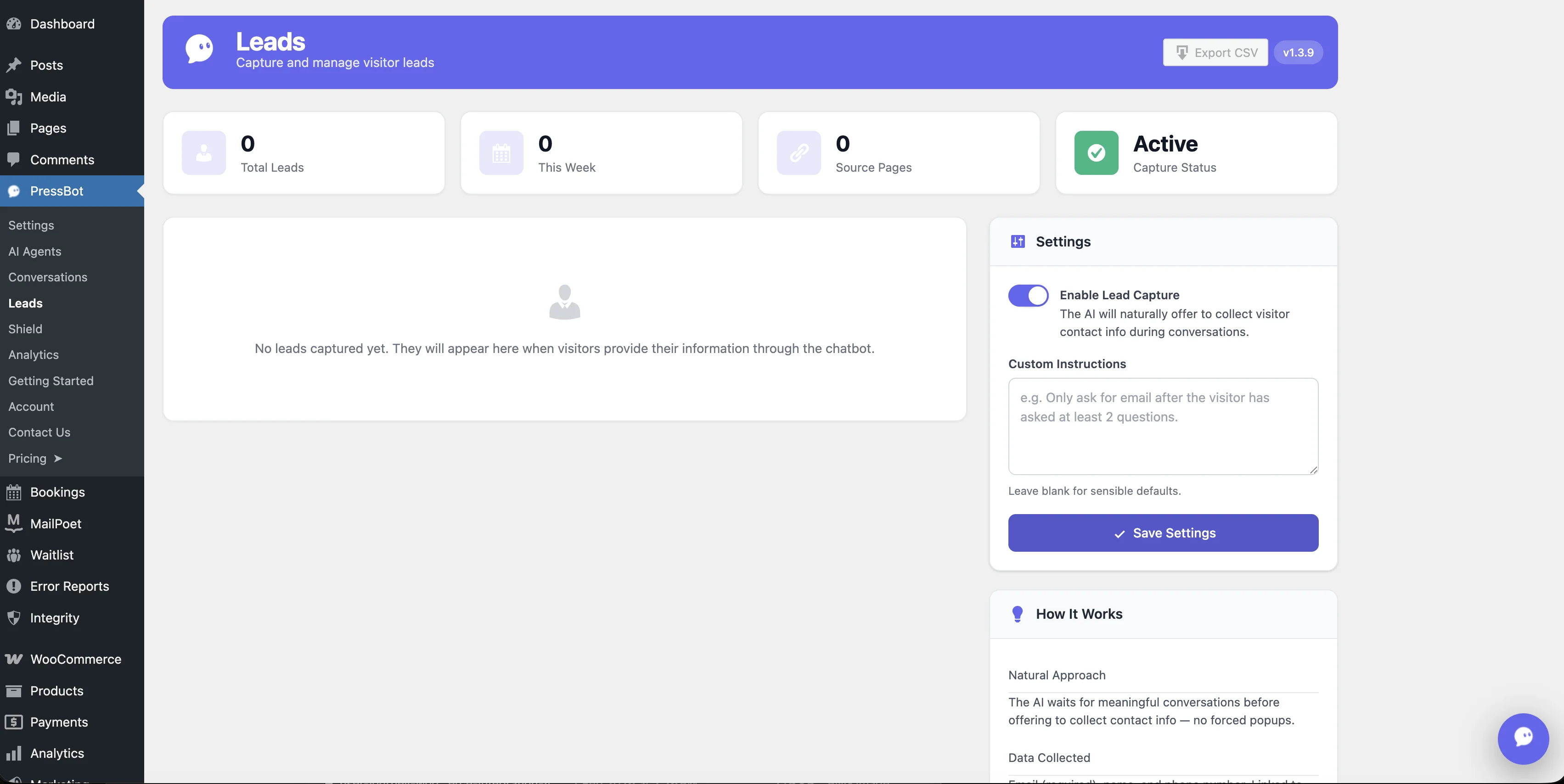 PressBot Leads capture page