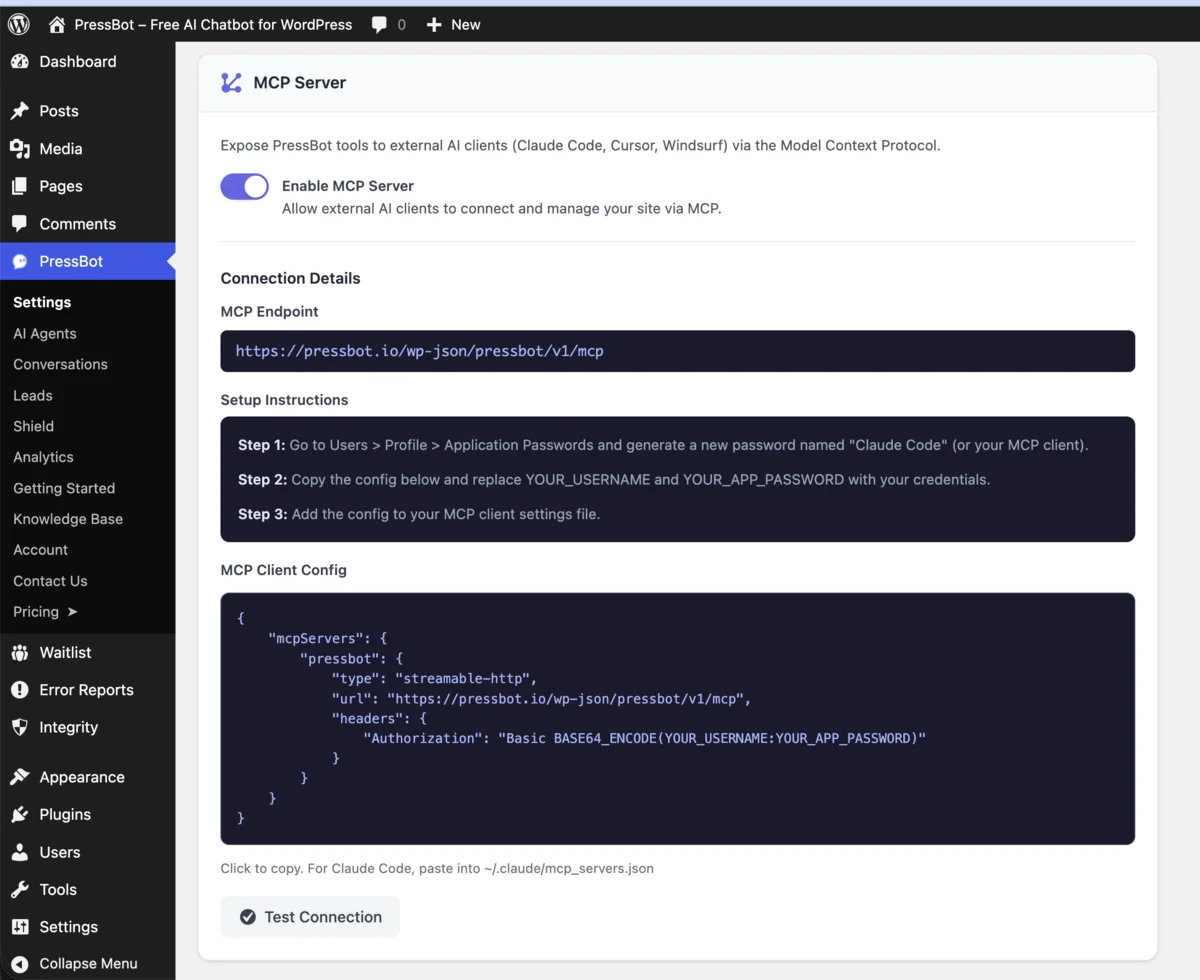 PressBot MCP Server settings panel with endpoint URL, setup instructions, client config JSON, and test connection button