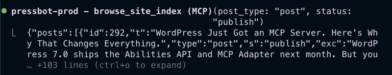 Claude Code browsing the full WordPress site content index via MCP, showing posts with titles, status, and categories