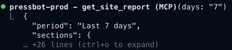 Claude Code fetching a PressBot site report via MCP showing AI usage, traffic, and security data
