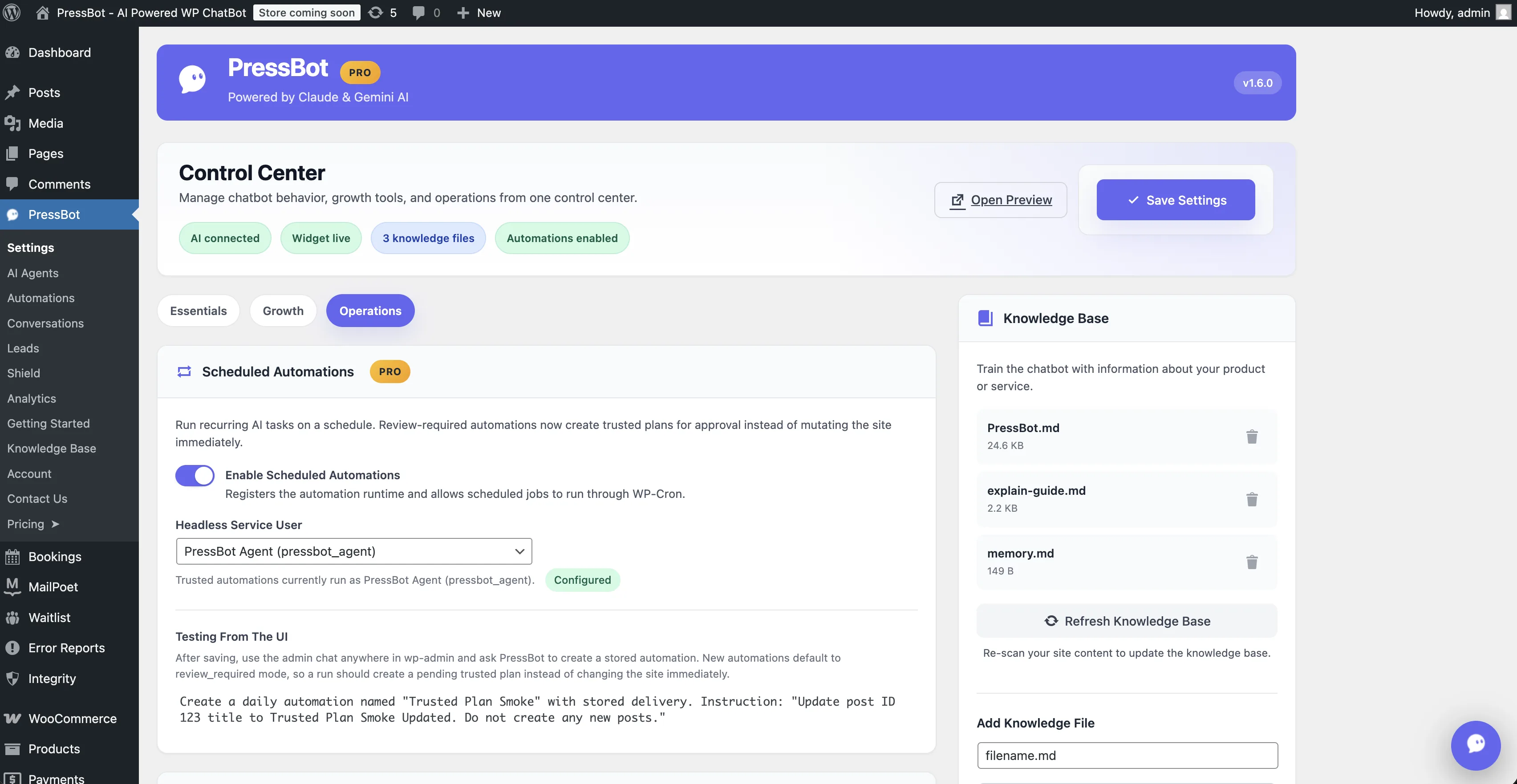 PressBot Control Center — Operations tab with Scheduled Automations, headless service user, and UI testing workflow