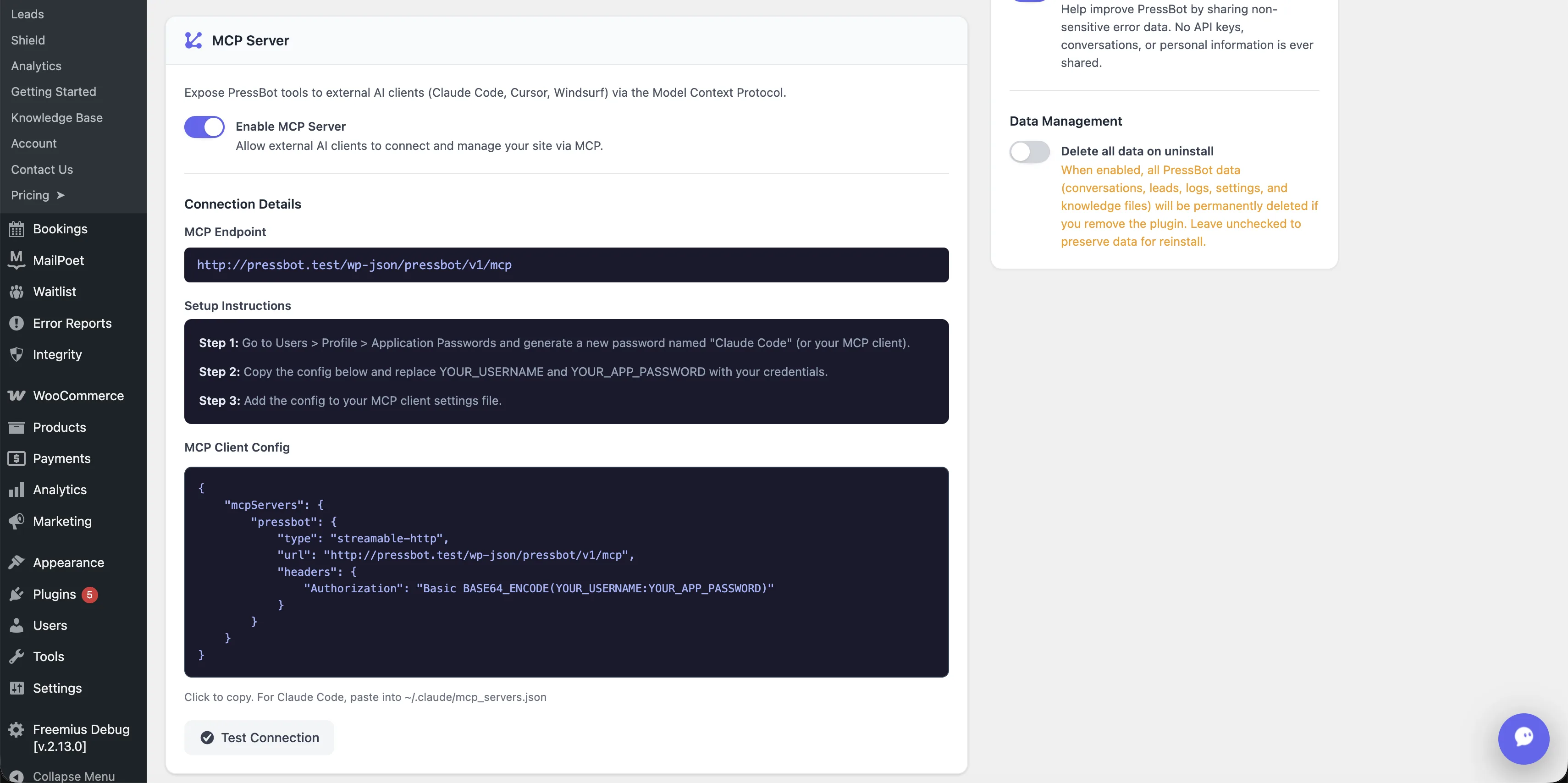 PressBot Control Center — MCP Server section with endpoint, setup instructions, client config JSON, and Data Management uninstall option
