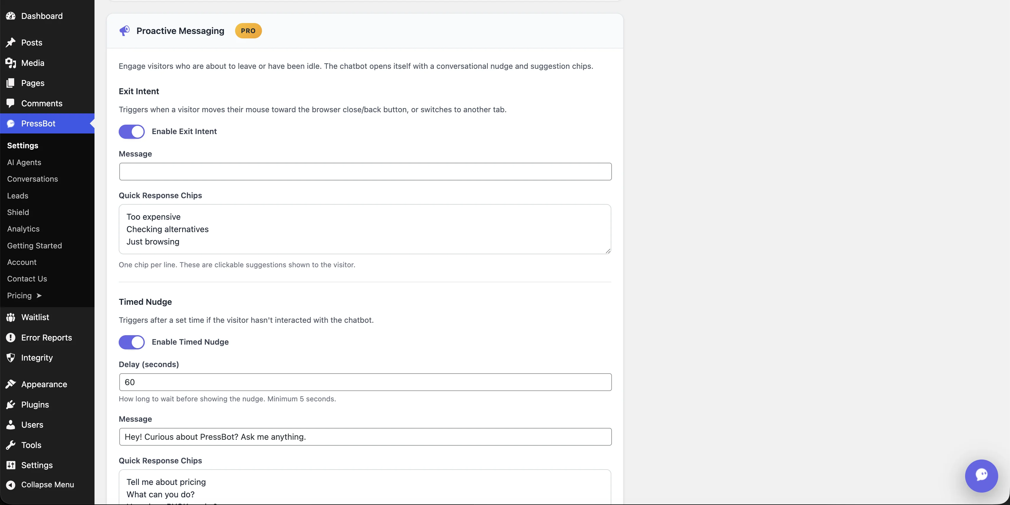 PressBot Settings — Proactive messaging with exit intent, timed nudge, and quick response chips