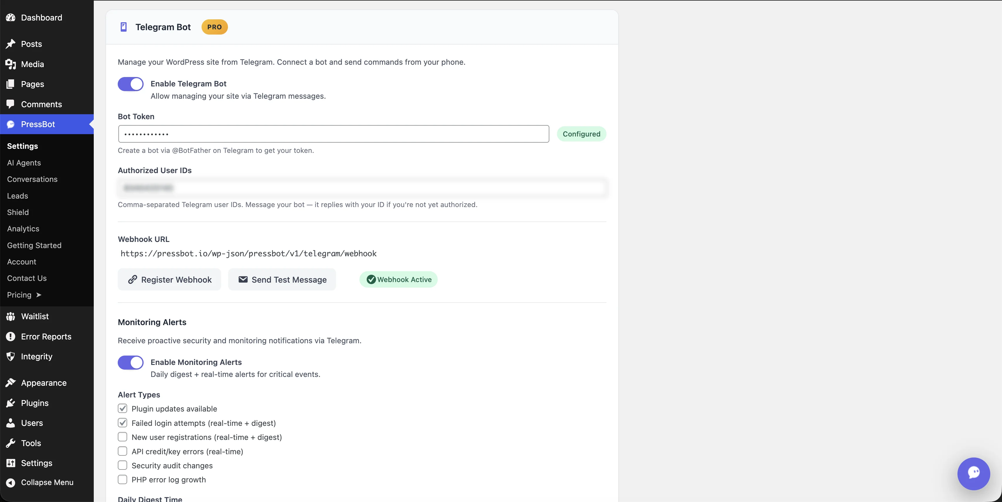 PressBot Settings — Telegram bot configuration with webhook, monitoring alerts, and authorized user IDs