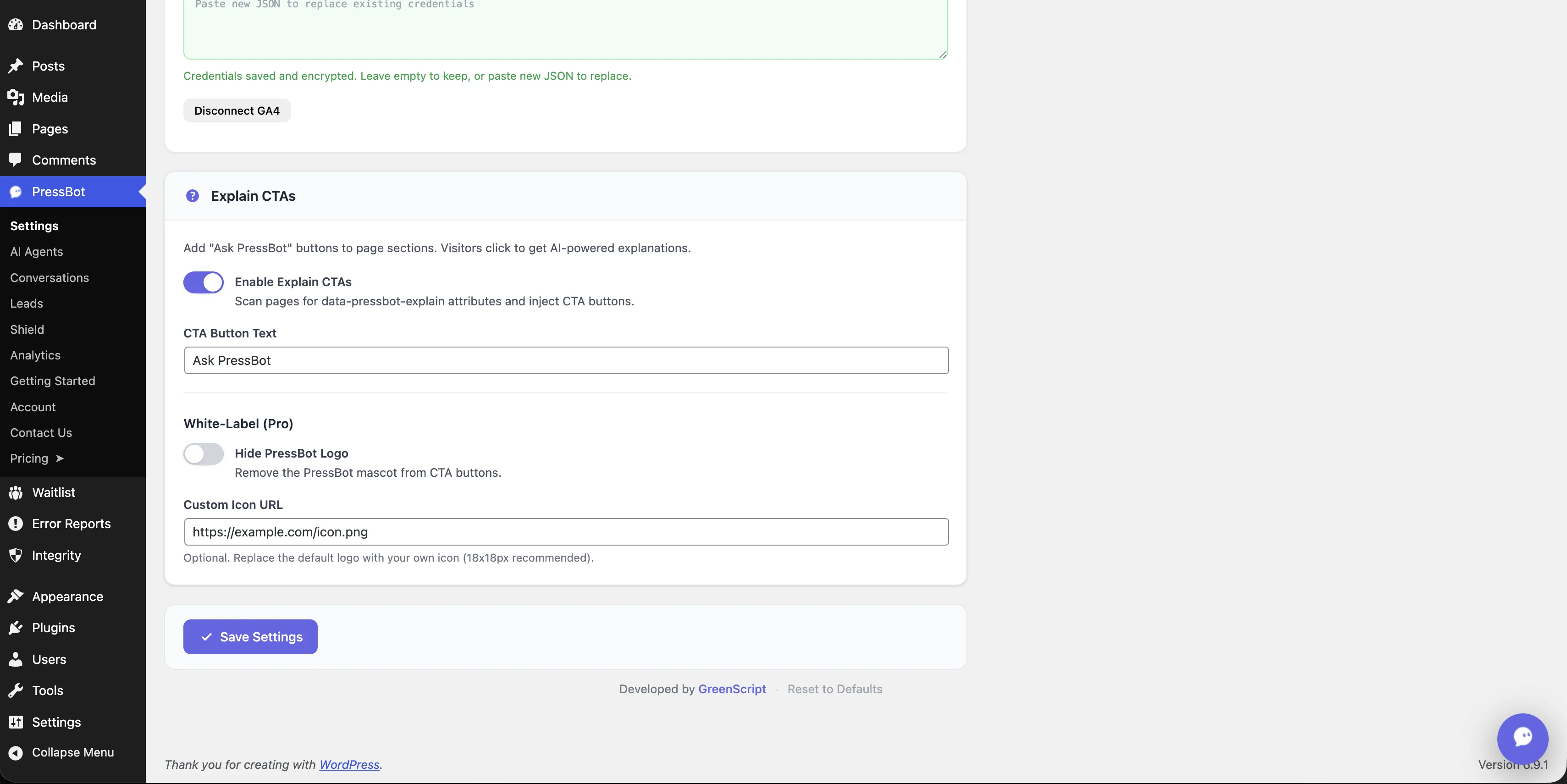 PressBot Settings — Explain CTA buttons and white-label options with custom icon URL