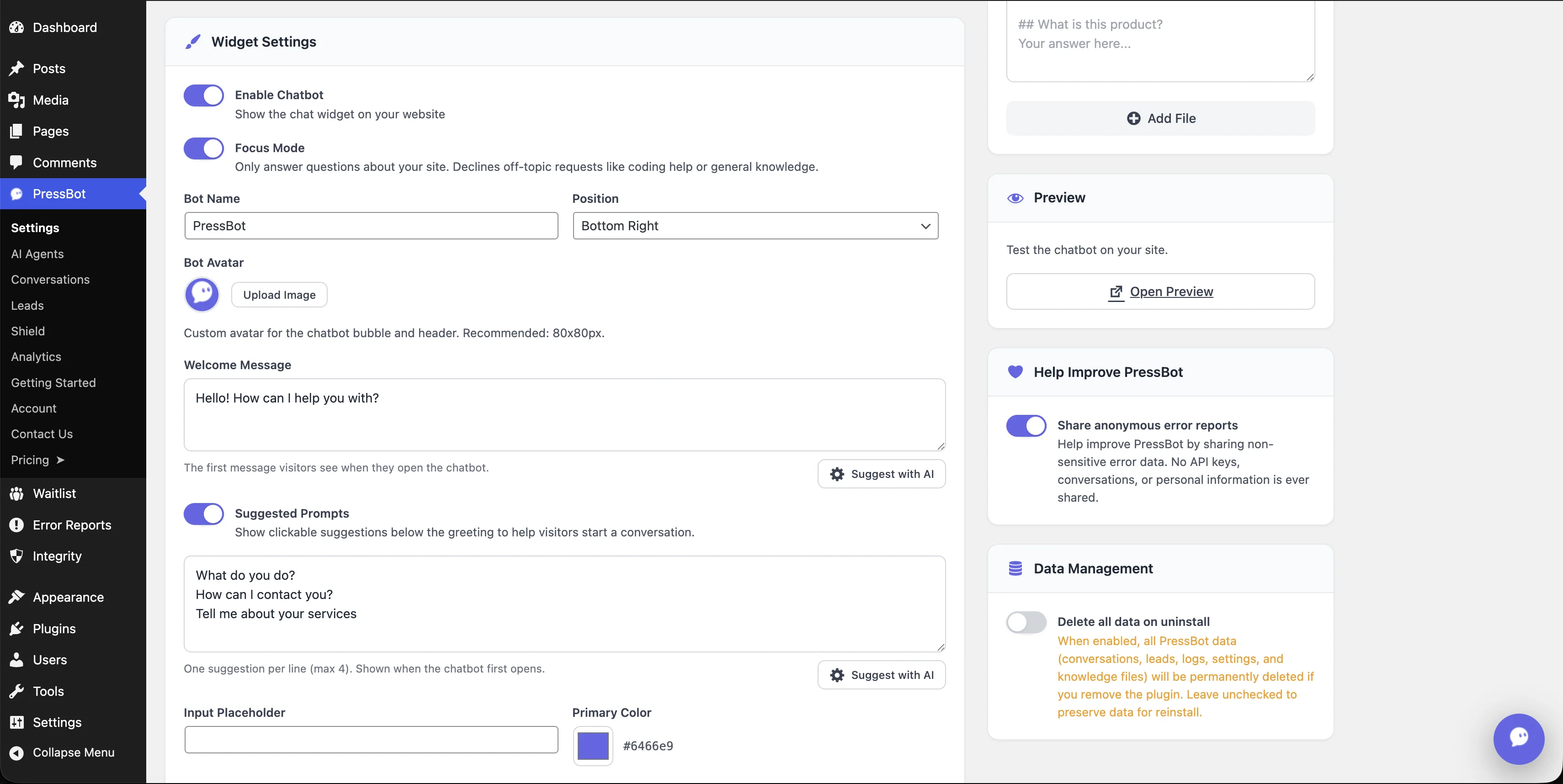PressBot Settings — Widget customization with bot name, avatar, welcome message, suggested prompts, and color picker