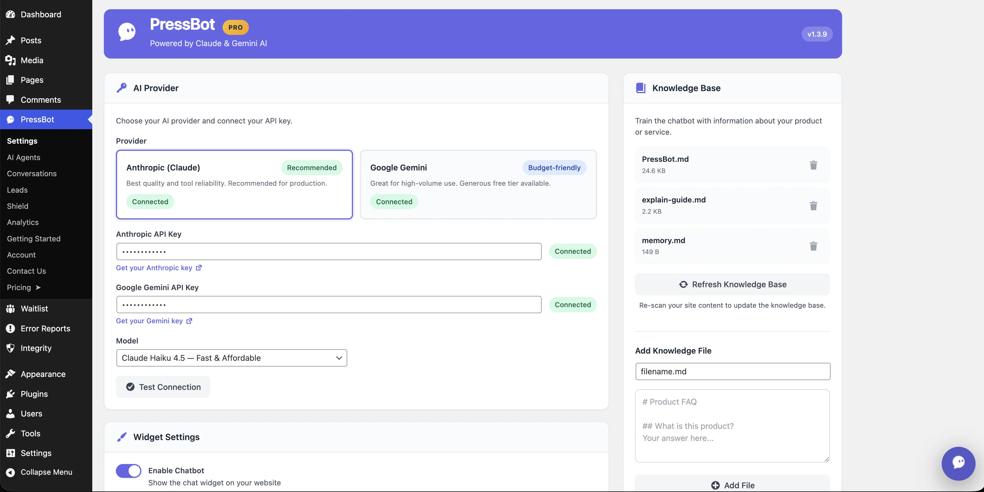 PressBot Settings AI provider configuration