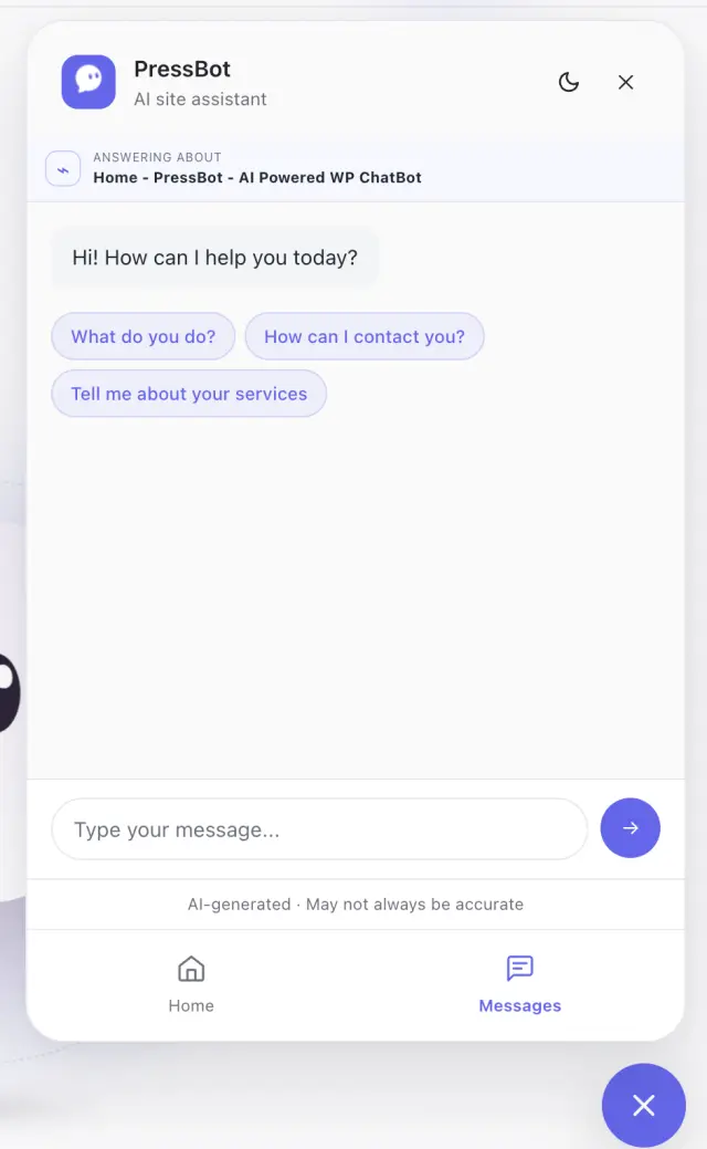 PressBot 1.9.0 Modern visitor chatbot Messages view with conversation greeting, starter chips, composer, Answering about context, and Home/Messages navigation