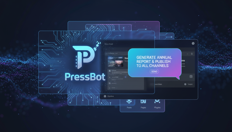 A futuristic AI interface, featuring a glowing PressBot logo, seamlessly integrates into a clean WordPress dashboard. A chat bubble displays a user command, symbolizing effortless AI management of com