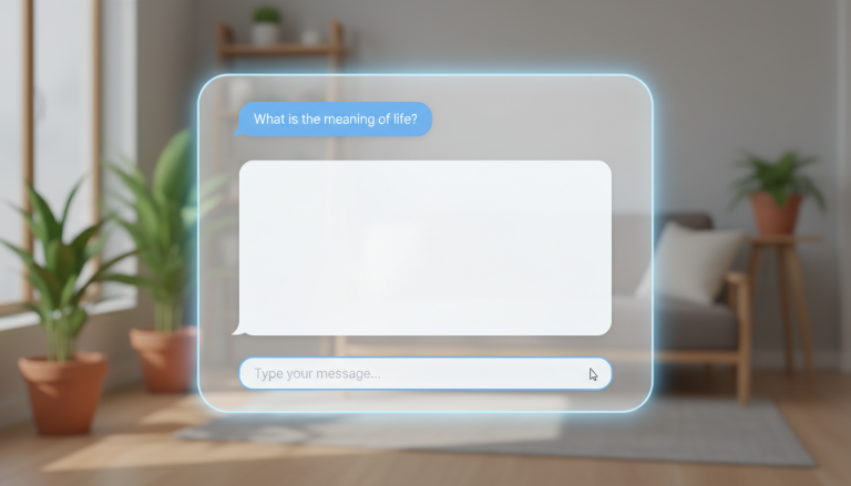 A minimalist, modern chatbot interface is displayed on a screen, showing a user's question followed by a conspicuously empty response bubble. A solitary, blinking cursor in the input field emphasizes
