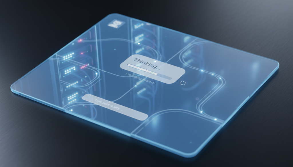 A sleek, minimalist chatbot interface on a glowing screen features a chat bubble with a visible, stalled progress bar or a 'loading...' spinner, while a subtle, abstract representation of server racks