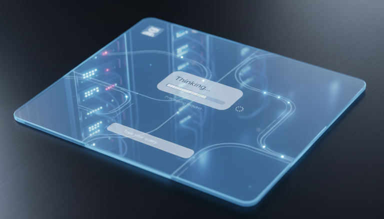 A sleek, minimalist chatbot interface on a glowing screen features a chat bubble with a visible, stalled progress bar or a 'loading...' spinner, while a subtle, abstract representation of server racks