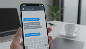 A sleek smartphone displays a modern Telegram chat interface, with message bubbles showing WordPress commands and responses like 'Post updated' and 'Plugin activated.' The clean design and integrated