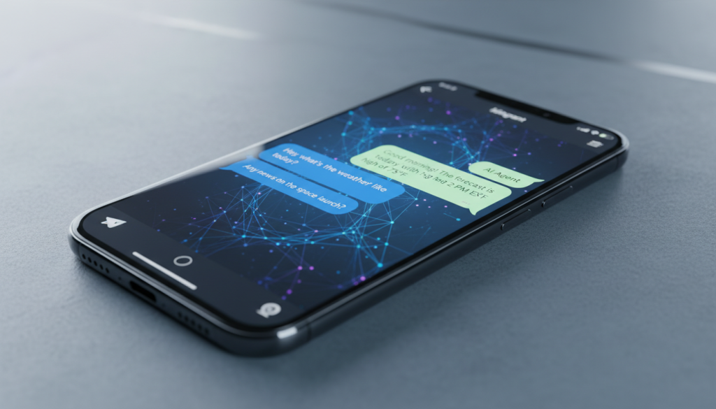 A sleek smartphone screen prominently displays a Telegram chat interface, featuring conversational bubbles flowing between a user and an AI agent. The minimalist design emphasizes intuitive, real-time