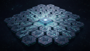 A futuristic, stylized beehive composed of interconnected, glowing circuit boards and microchips, with a single, larger central "queen" chip radiating lines of identical code. The mood is subtly unset