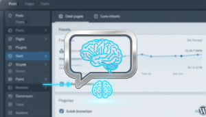 A sleek, modern chatbot icon (like a speech bubble with a subtle AI brain or circuit pattern) floats above a blurred WordPress dashboard interface. The style is clean and digital, with a focused, info