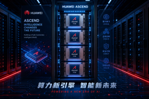 A sleek, high-tech data center glowing in blue and red light, with rows of Huawei Ascend chips highlighted on a central server rack and no Nvidia logos in sight. The scene feels strategic and futurist