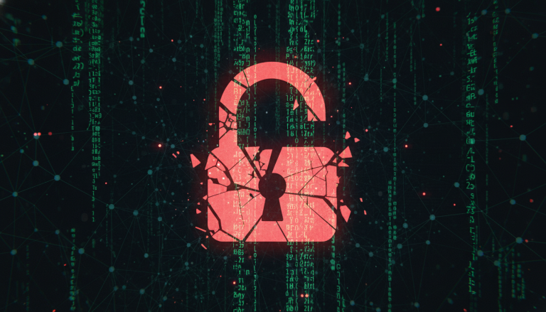 A stark, digital representation of a broken lock superimposed over lines of code, glowing with an ominous red hue. The background is a dark, abstract network of interconnected nodes, hinting at a comp