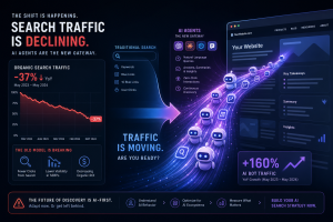 A modern digital illustration of a declining search traffic chart beside a rising stream of AI bot icons crawling across a website interface, with arrows shifting from traditional search to AI agents.