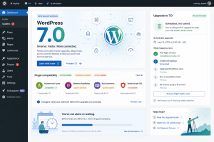 A modern editorial illustration of a WordPress dashboard update screen labeled “7.0” with subtle AI/network connector icons, plugin tiles, and a progress-style upgrade panel. Clean tech style with