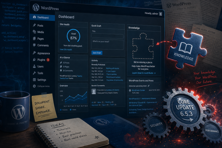 A dramatic editorial illustration of a WordPress dashboard with an empty “Knowledge” section, its missing puzzle piece hovering just outside the interface while core update gears move forward. Use