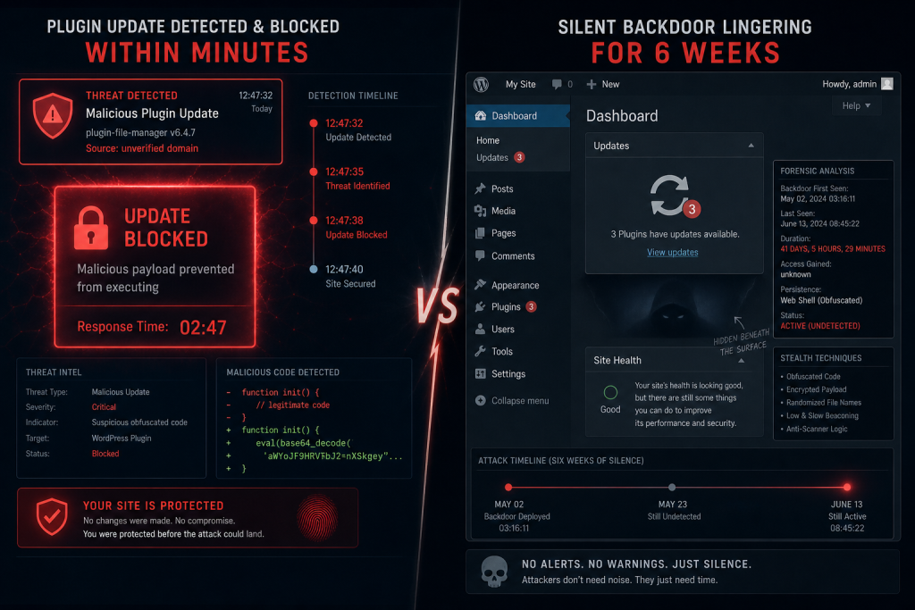 A dramatic split-screen cybersecurity scene: on one side, a plugin update is detected and blocked by a glowing red alert within minutes; on the other, a dim WordPress dashboard shows a silent backdoor
