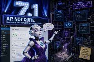 A polished editorial illustration of a WordPress dashboard beneath a bold “7.1” banner, where a glamorous AI robot headline points toward a backstage maze of APIs, code brackets, developer hooks,