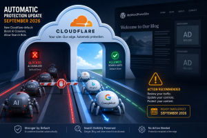 A striking editorial illustration of a cloud-shaped security gateway blocking robotic crawlers from a website, while search bots pass through an open lane. Behind it, a WordPress-style site with ad pa