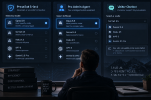 A sleek editorial illustration of a split-screen AI dashboard: Opus 5.5 highlighted in glowing blue within “PressBot Shield” and “Pro Admin Agent,” while a visitor chatbot dropdown visibly exc